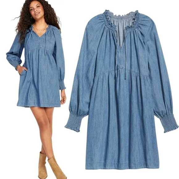 Puff Sleeve Jean Denim Mini Poet Swing Dress XL - Picture 1 of 5